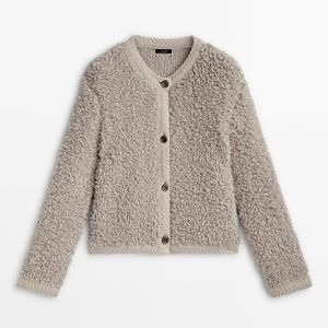 Zara Massimo Dutti Boucle Knit Cardigan with Buttons Mink Medium